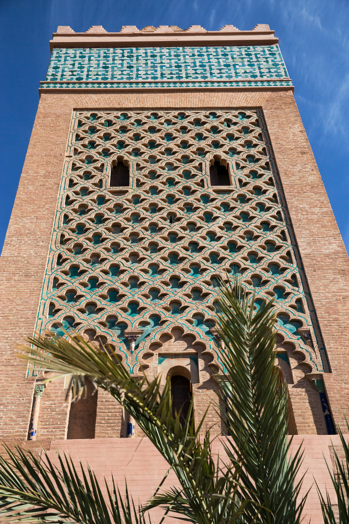 The minaret of a mosque in Marrakech, Morocco. 