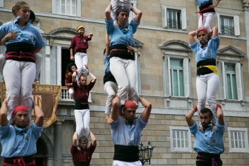 Building castells in the streets of Barcelona, Spain