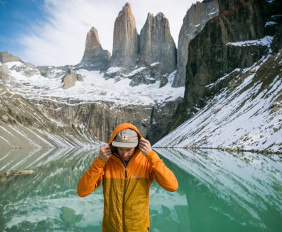 Mark and his Cotopaxi Pacaya jacket at Torres del Paine, Chile.