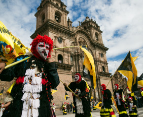 Dancers fill the Plaza de Armas during the celebration of Cruz Velacuy in Cusco, Peru.